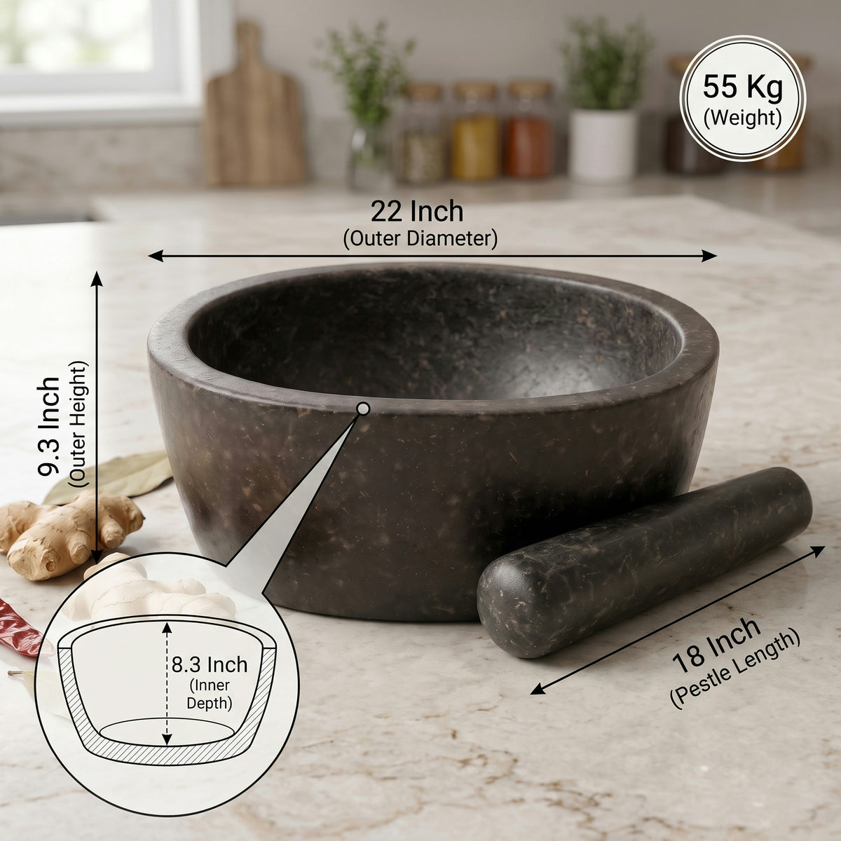 Oval Shape Granite Mortar and Pestle | Stone Kharal Khalbatta, 6 to 24 Inch