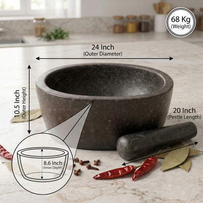 Oval Shape Granite Mortar and Pestle | Stone Kharal Khalbatta, 6 to 24 Inch