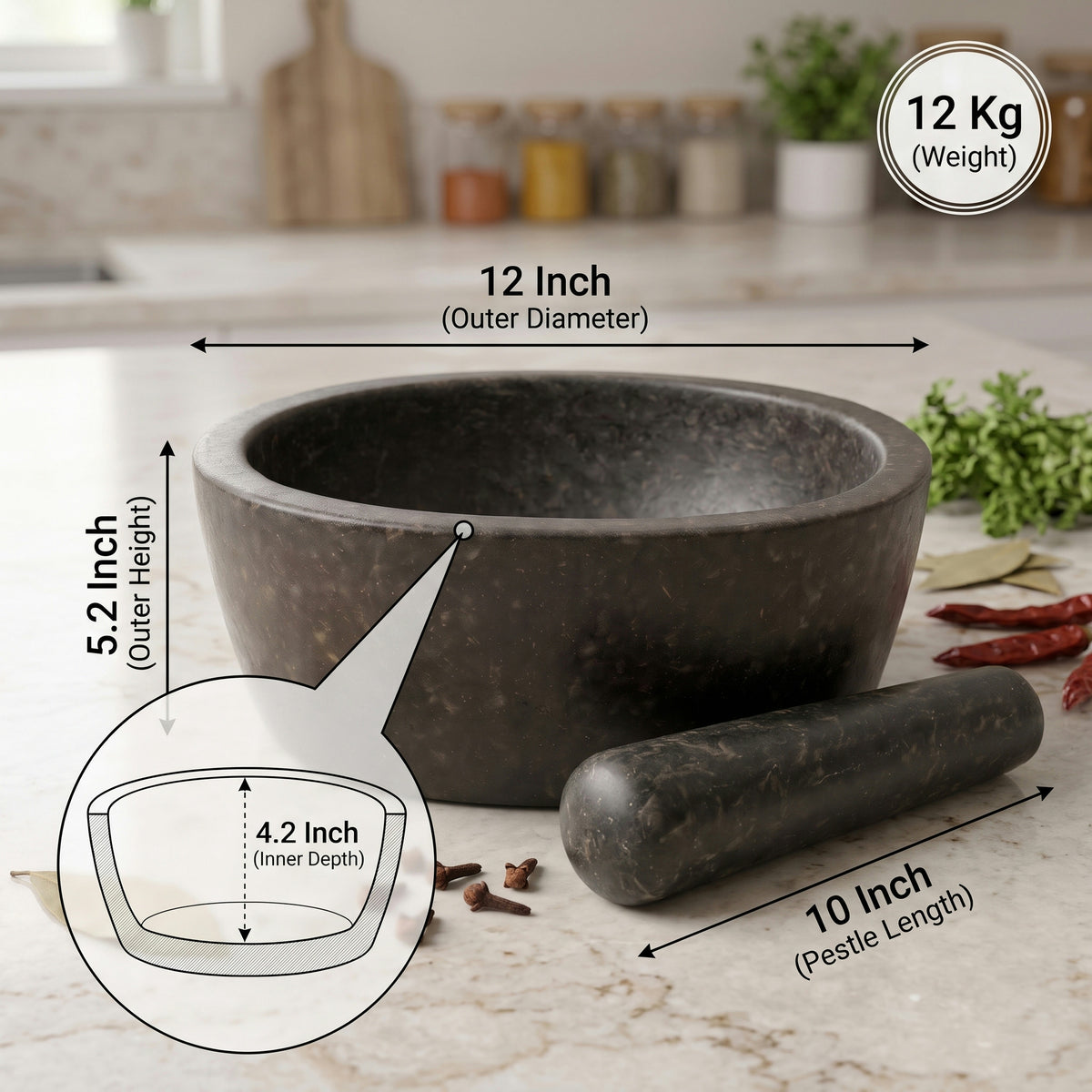 Oval Shape Granite Mortar and Pestle | Stone Kharal Khalbatta, 6 to 24 Inch