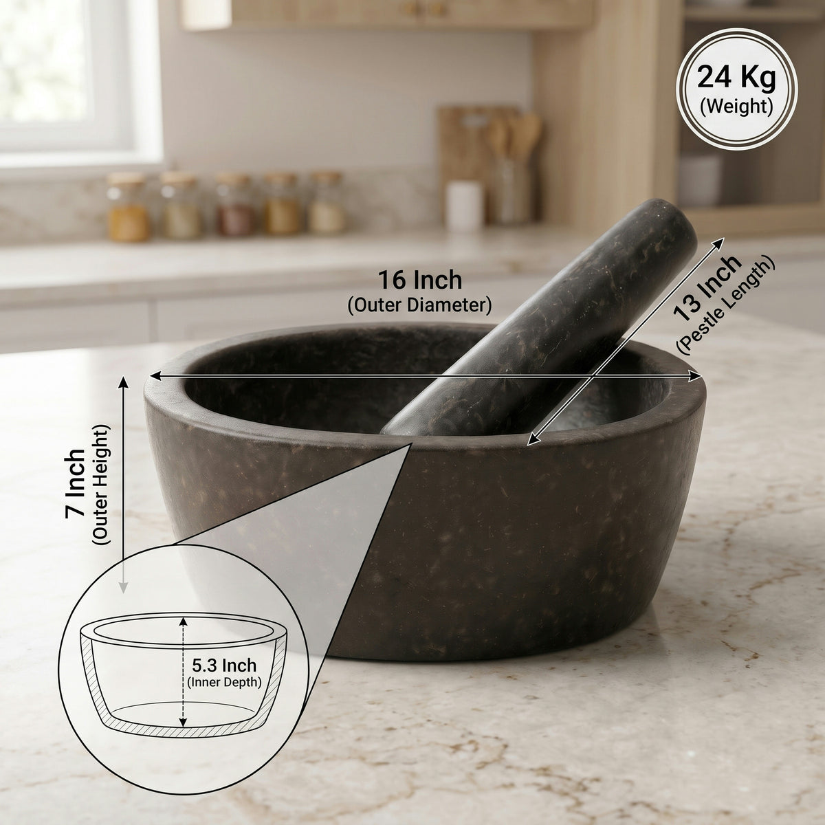 Oval Shape Granite Mortar and Pestle | Stone Kharal Khalbatta, 6 to 24 Inch