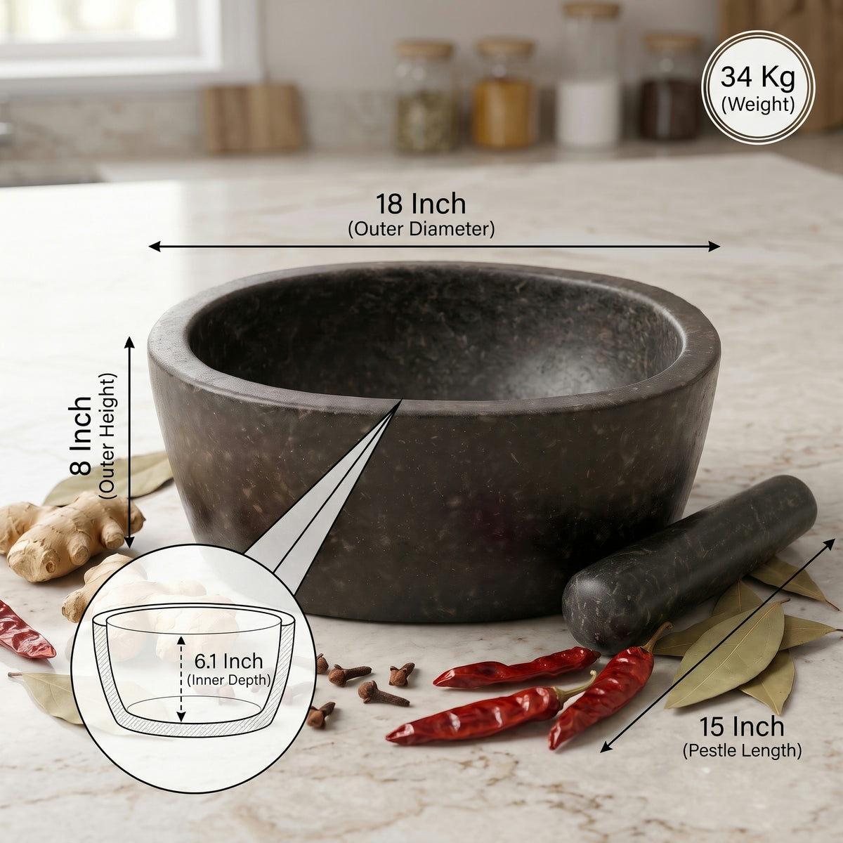 Oval Shape Granite Mortar and Pestle | Stone Kharal Khalbatta, 6 to 24 Inch