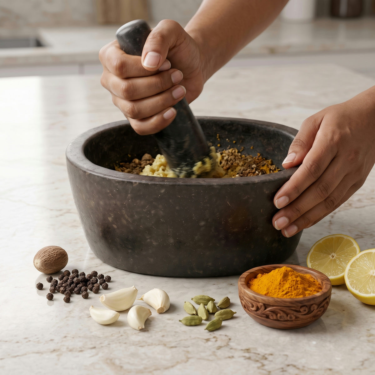 Hands grinding herbs and spices in a black stone kharal using the matching granite pestle