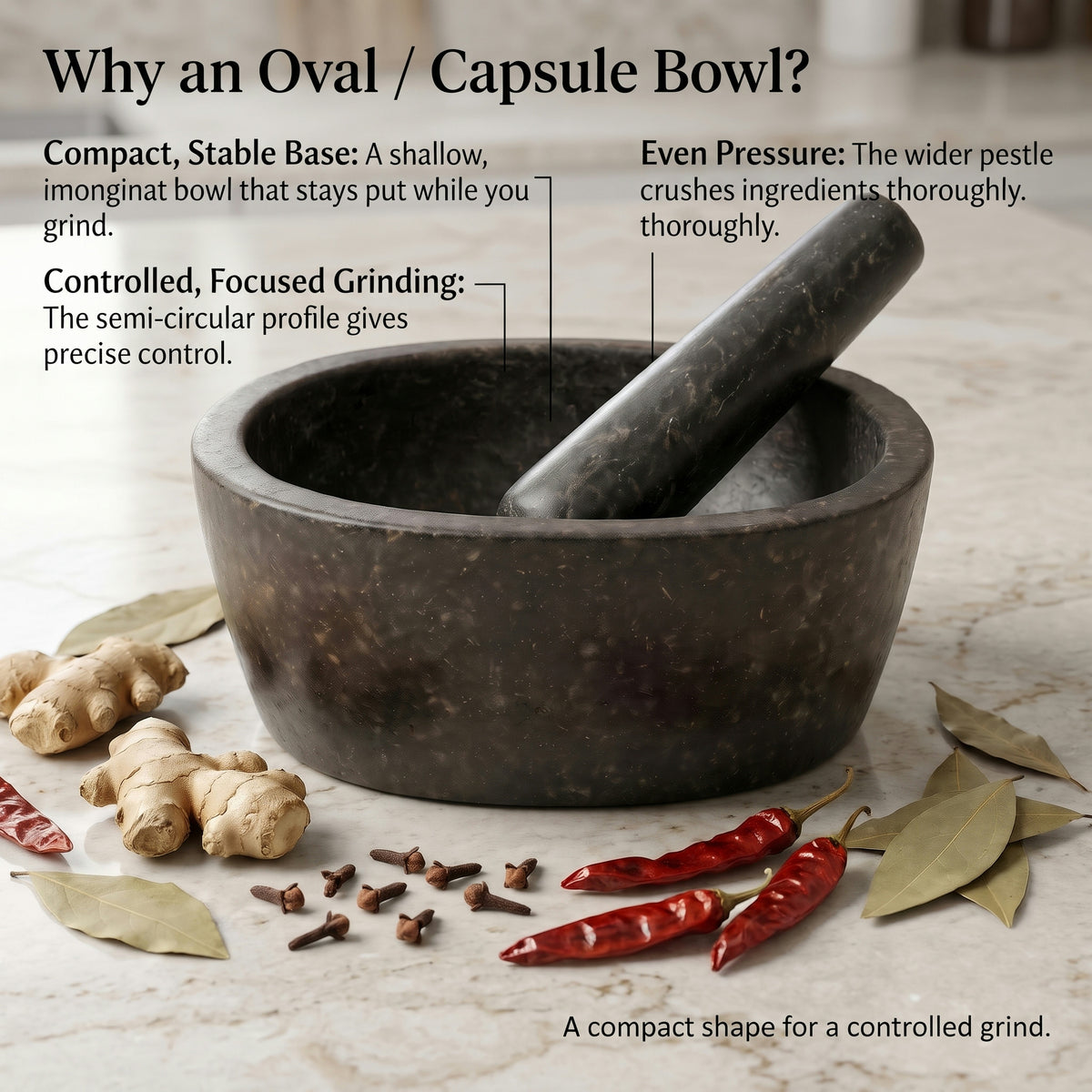 Diagram explaining why the boat or oval bowl suits chutney making and masala kutne wala work