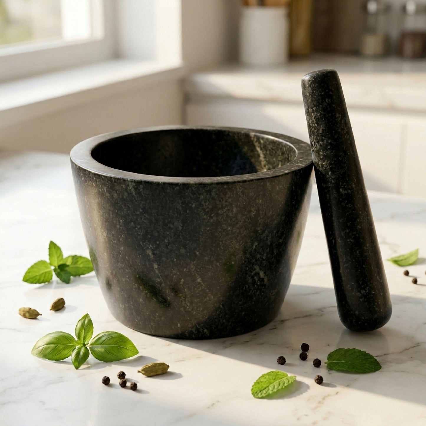 Round stone mortar and pestle in use, grinding spices and preparing bhasma in a Hansraj stone kharal