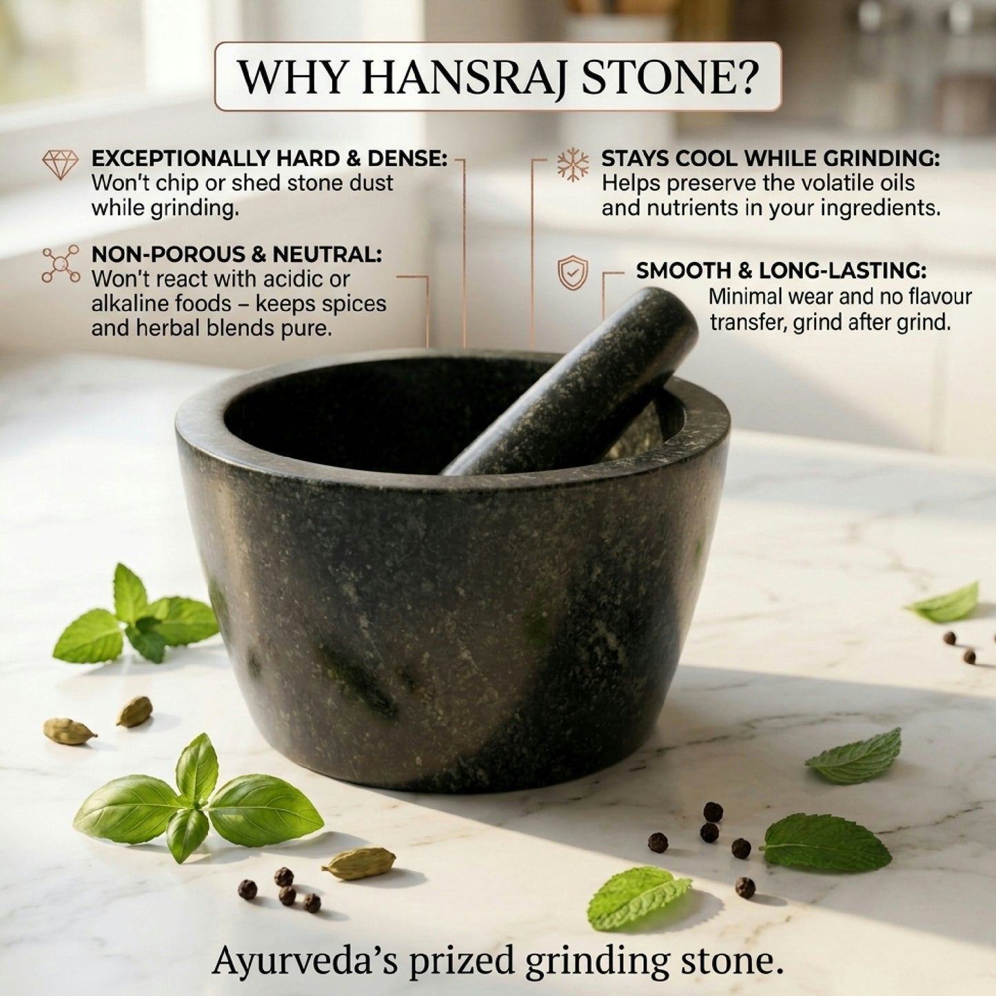 Traditional Hansraj stone craftsmanship meets everyday functionality for grinding spices, herbs, and fresh seasonings