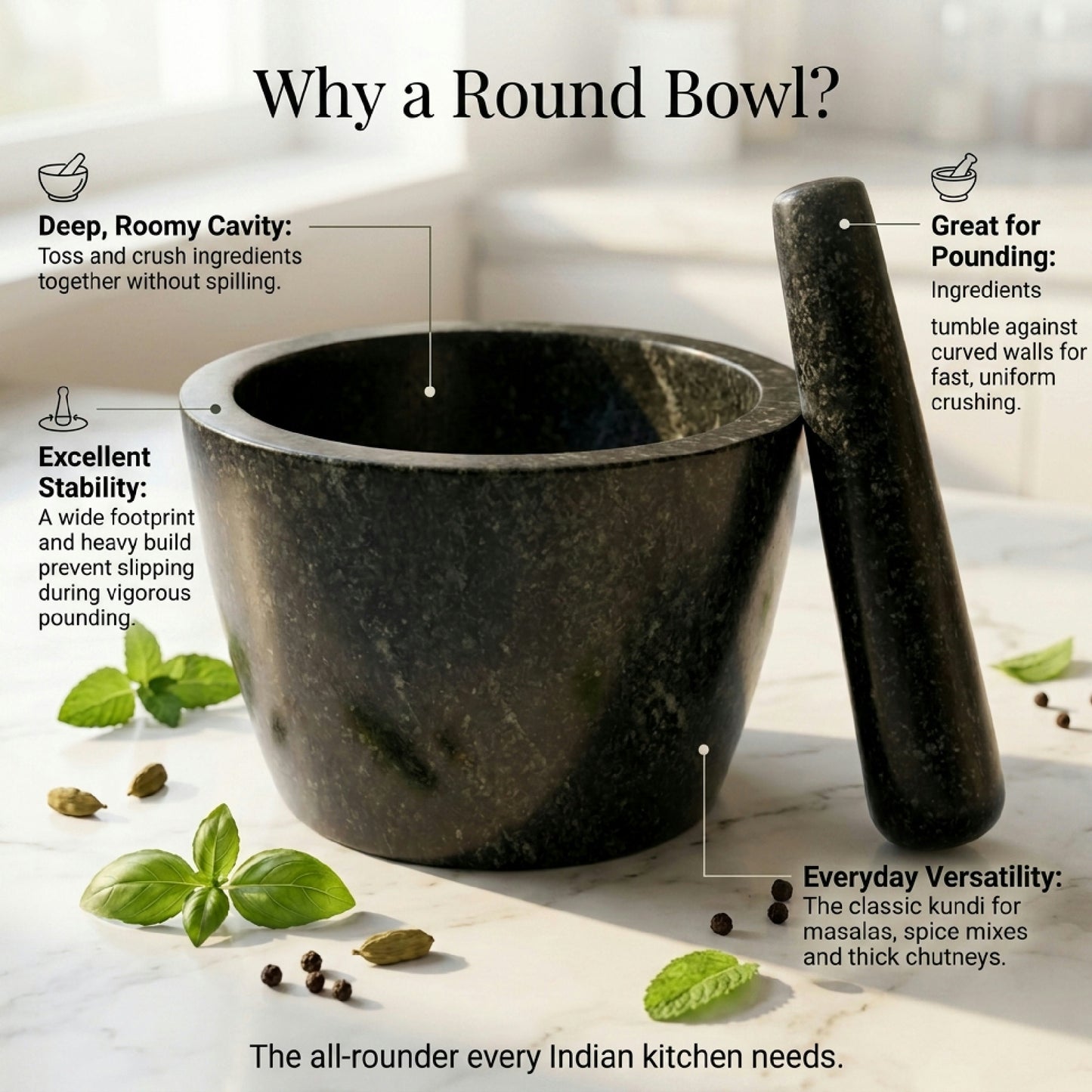 Round Hansraj Stone Mortar and Pestle | Kharal Khalbatta, 5-14 Inch