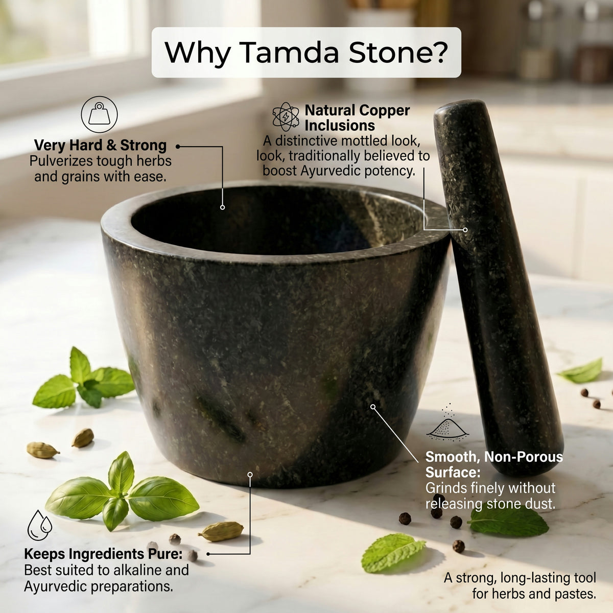 Close view of hard black Tamda stone grain used for this masala kutne wala stone
