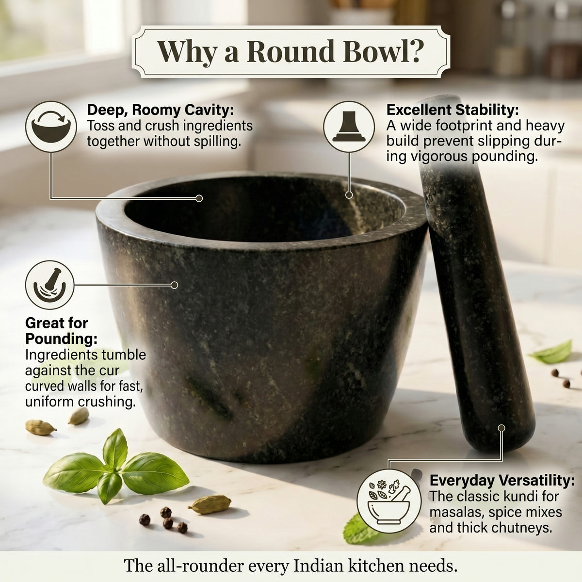 Round bowl shape kundi sota stone showing deep bowl that holds wet chutney while grinding
