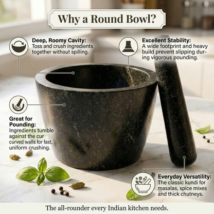 Round bowl shape kundi sota stone showing deep bowl that holds wet chutney while grinding